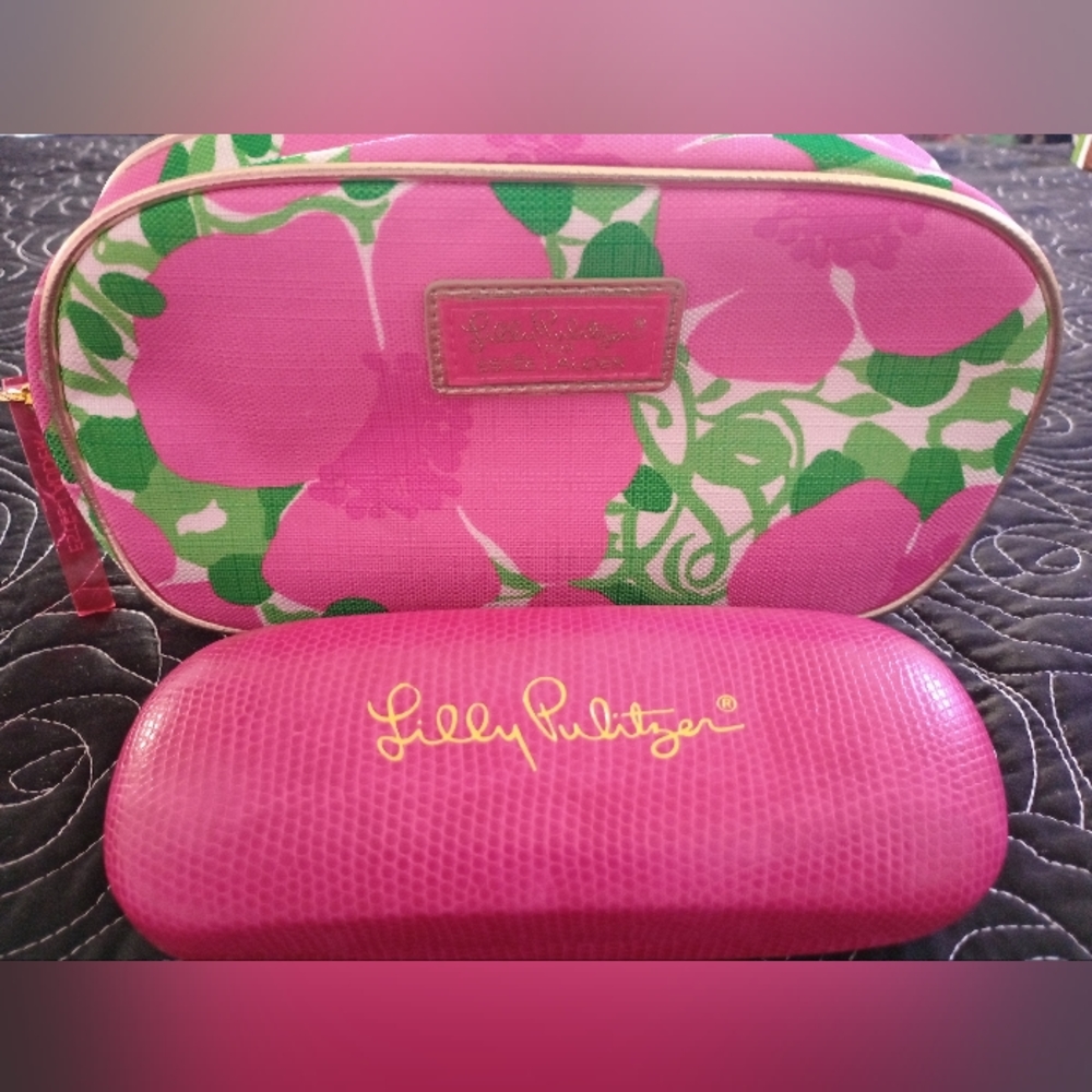 Lilly Pulitzer Pink Floral Cosmetics Bag and Pink Lily Pulitzer Eye Wear Case